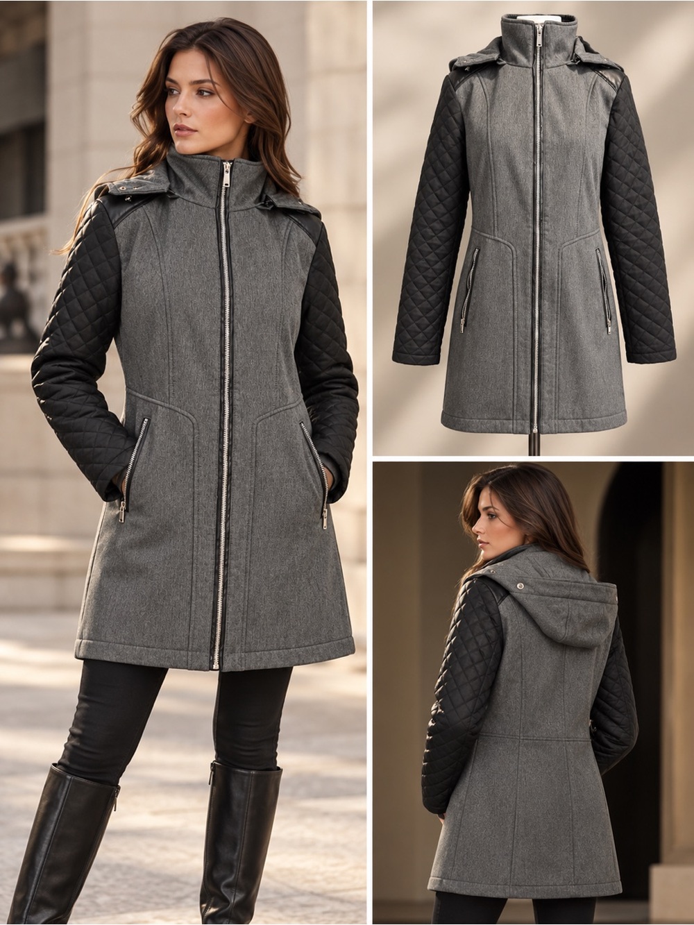 Quilted Sleeve Moto Parka – Grey & Black Contrast Fall Coat- Bundle & Save